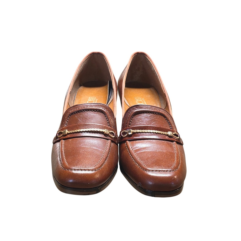 Vintage 70s Red Cross Brown Leather Chain Loafer Pumps Block Heel Square Toe 9N - Picture 4 of 10